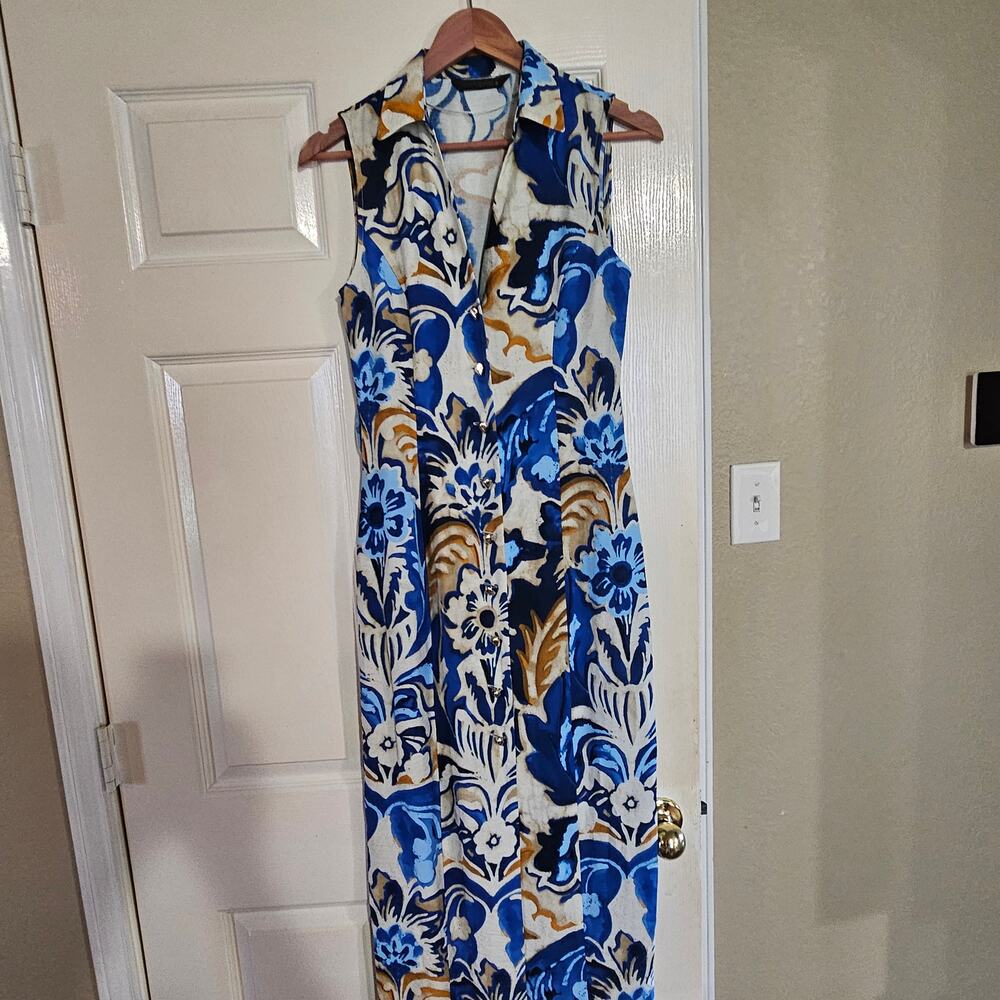 Zara Blue & Gold Floral Abstract Midi Shirt Dress - XS